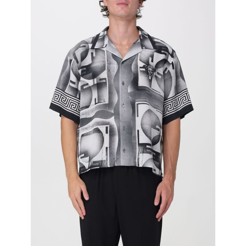 Versace Men Versace Printed Cuban Collar Short-Sleeved Silk Shirt